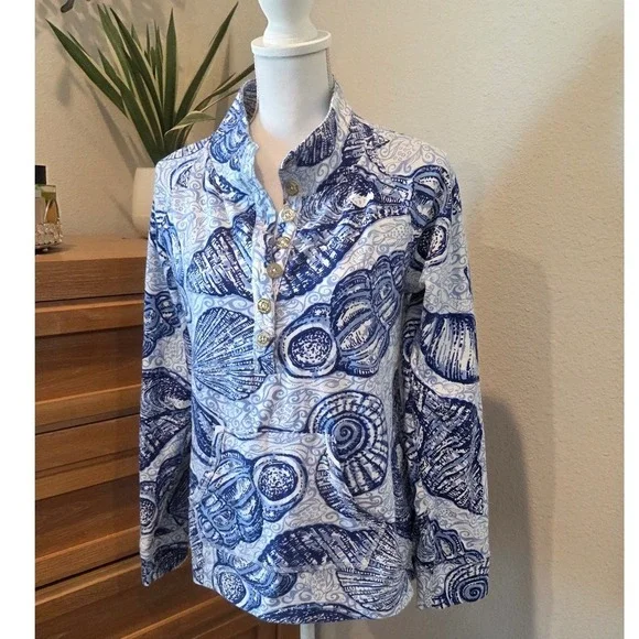 Lilly Pulitzer Blue White Shell Print Quarter Zip Long Sleeve Pullover Women's L - Picture 5 of 9